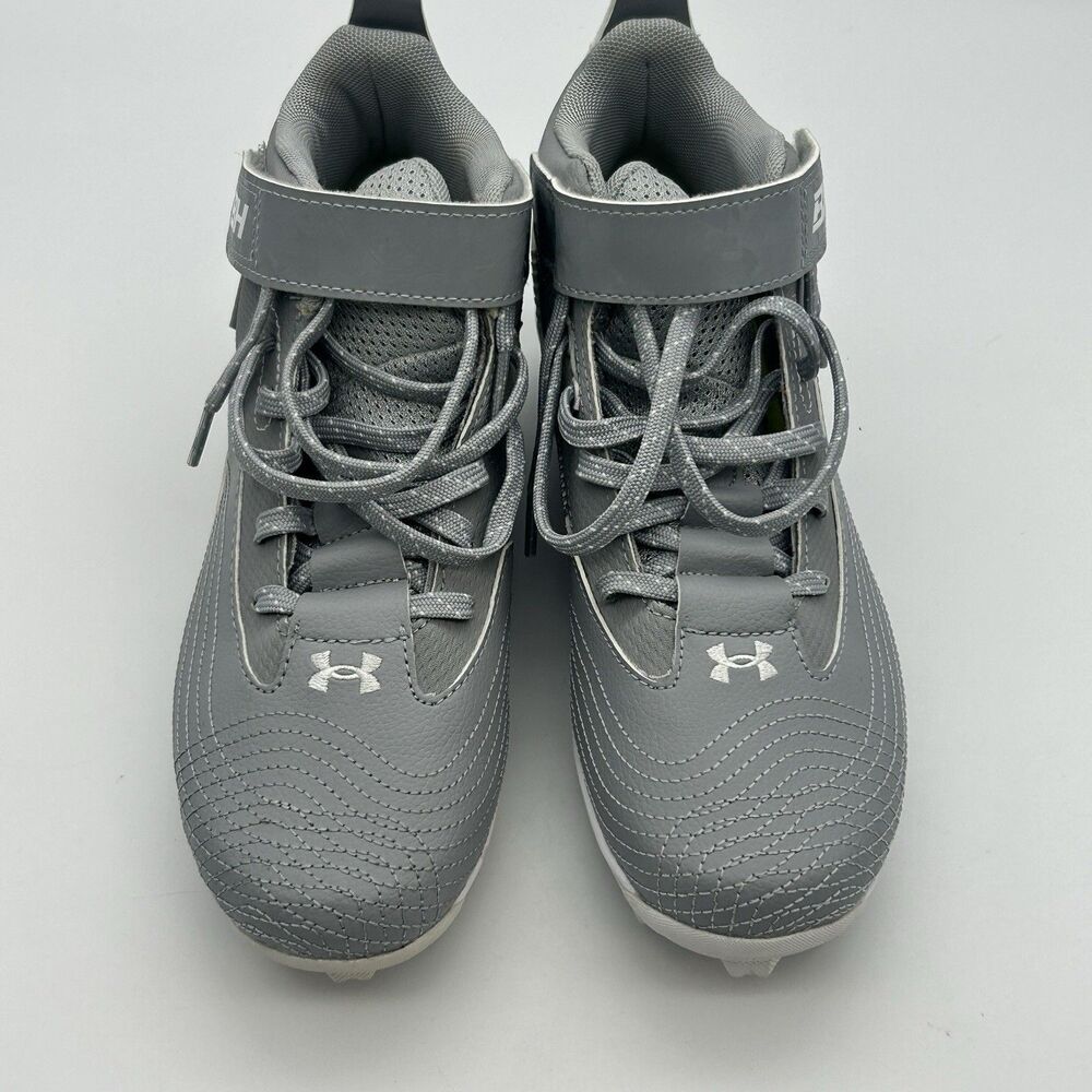 Under Armour Boys Baseball Cleats Gray White Mid Top Size 3.5Y Hook Loop